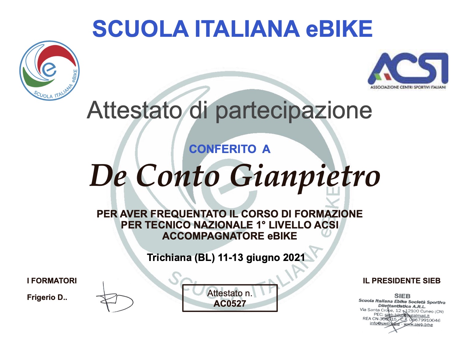 Certificato di De Conto Gianpietro
